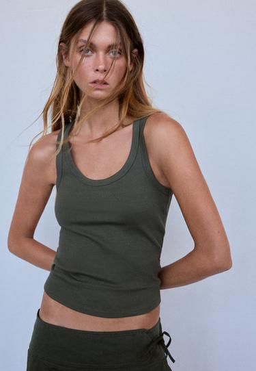 Cotton ribbed racerback T-shirt — Khaki 3