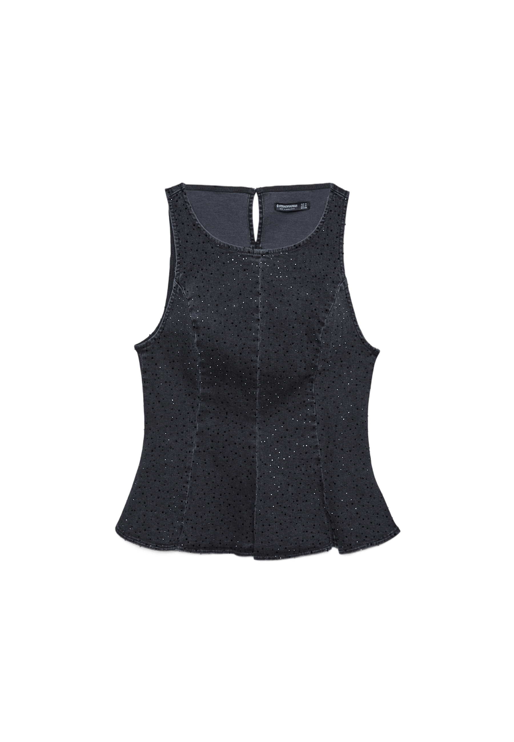 Denim peplum top with rhinestones — Black