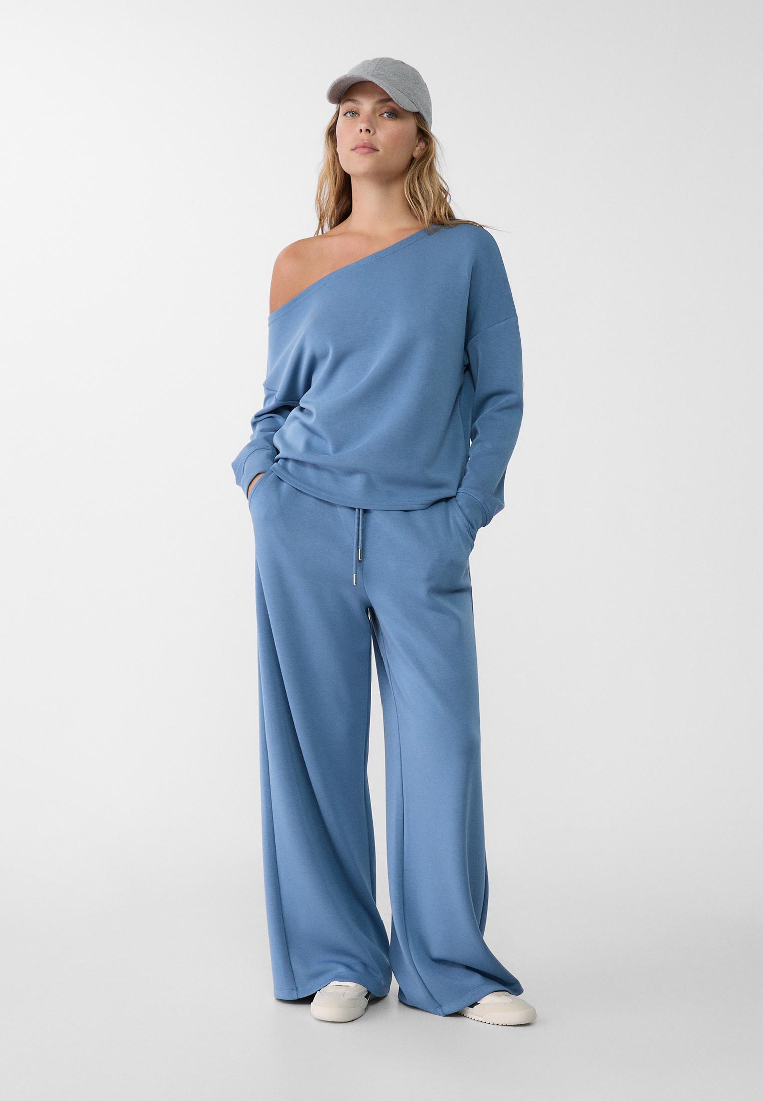 Soft-touch off-the-shoulder sweatshirt — Sky blue
