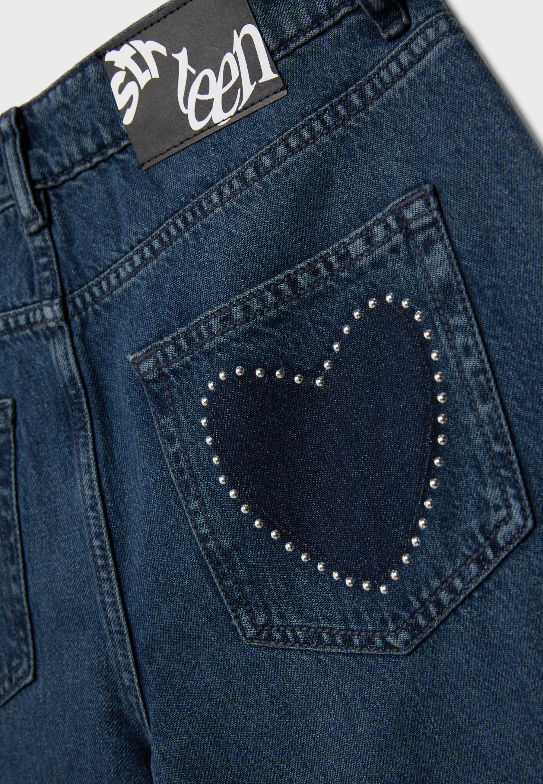 Wide-leg jeans with heart studs — BLACK DENIM WASHED EFFECT