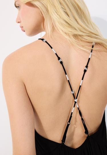 Long crinkle dress with beaded straps — Black 4