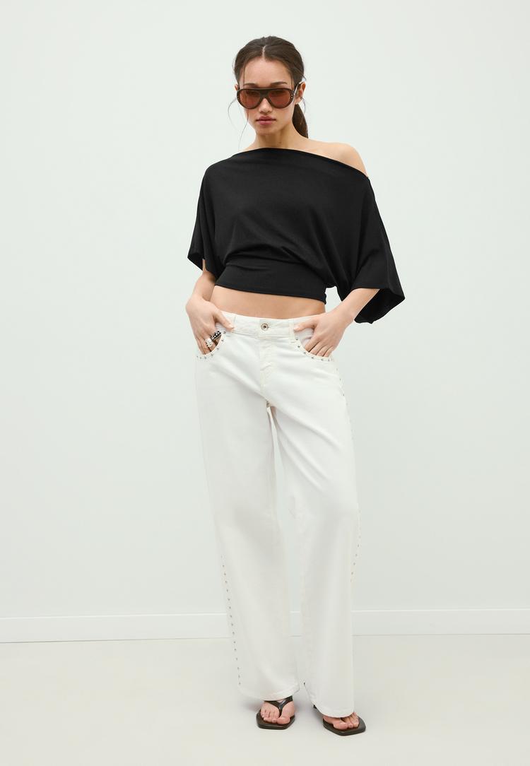 Stradivarius Μπλούζα Basic Με Μανίκια Νυχτερίδα Μαύρο Xs