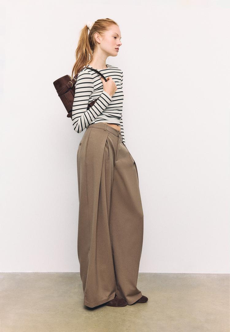 Stradivarius Tricou Simplu Cu Mânecă Lungă Și Dungi Ecru L