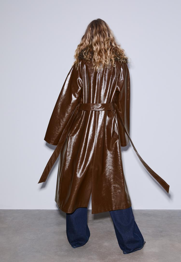 long faux leather trench coat