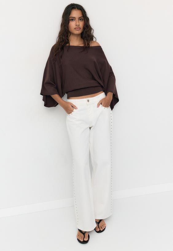 Stradivarius Wide Sleeve Knit Jumper Brown M