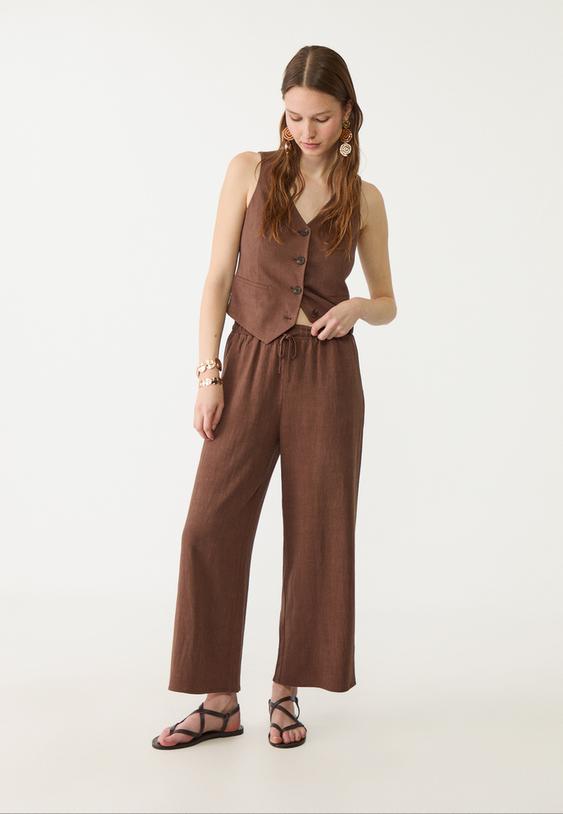 Linnen broek voor dames, hoge taille, wijde pijpen, losse linnen, palazzo- broek, casual strandbroek, casual, effen, vrijetijdsbroek, katoen, linnen, palazzo broek met zakken, Kaki, M Linnen broek voor dames, hoge taille, wijde pijpen, losse linnen, palazzo- broek, casual strandbroek, casual, effen, vrijetijdsbroek, katoen, linnen, palazzo broek met zakken, Kaki, M