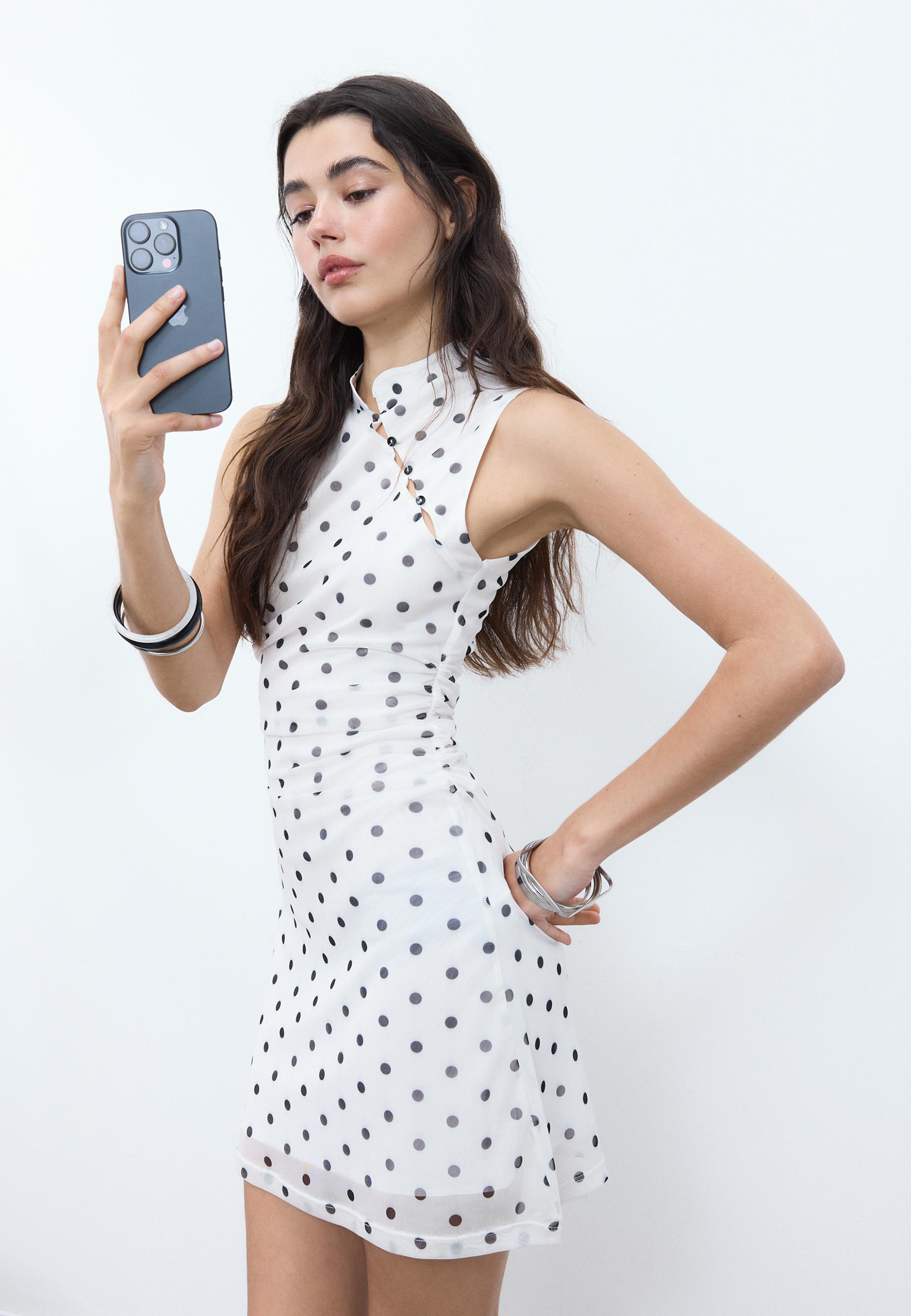 Polka dot short qipao dress — Ecru