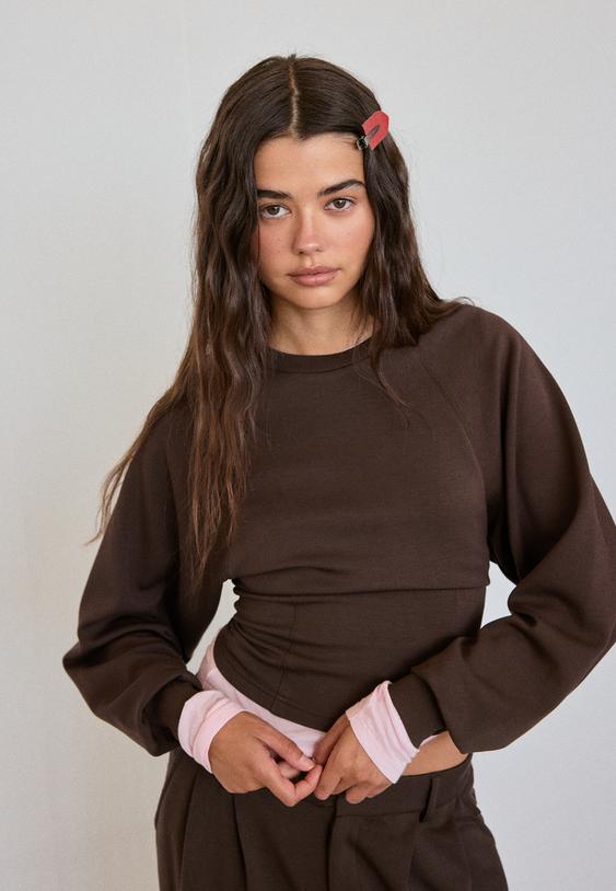 Stradivarius Soft-Touch Fitted Waist Sweatshirt Brown Xl