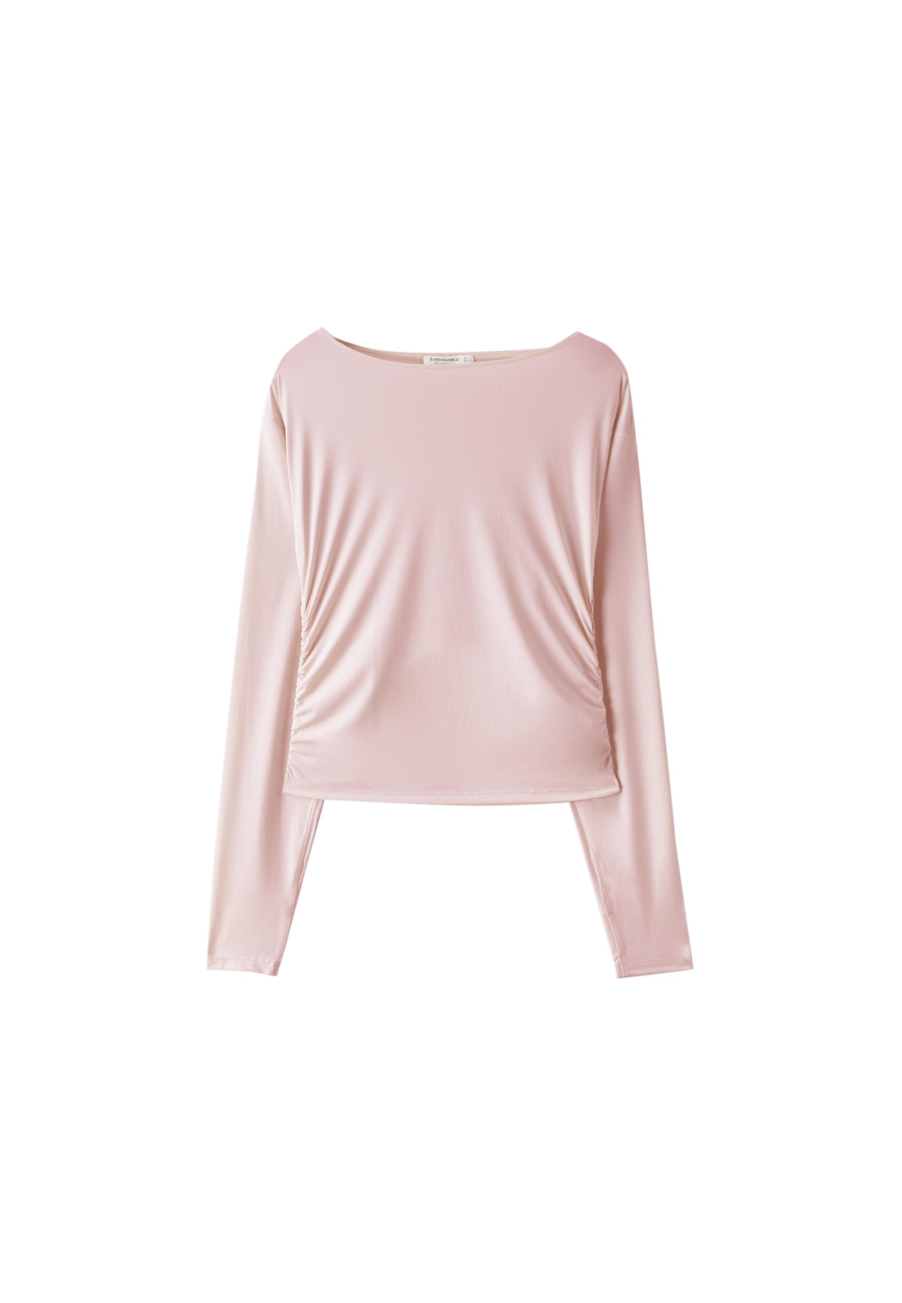 Long sleeve gathered polyamide T-shirt — Pastel pink (alternate view)