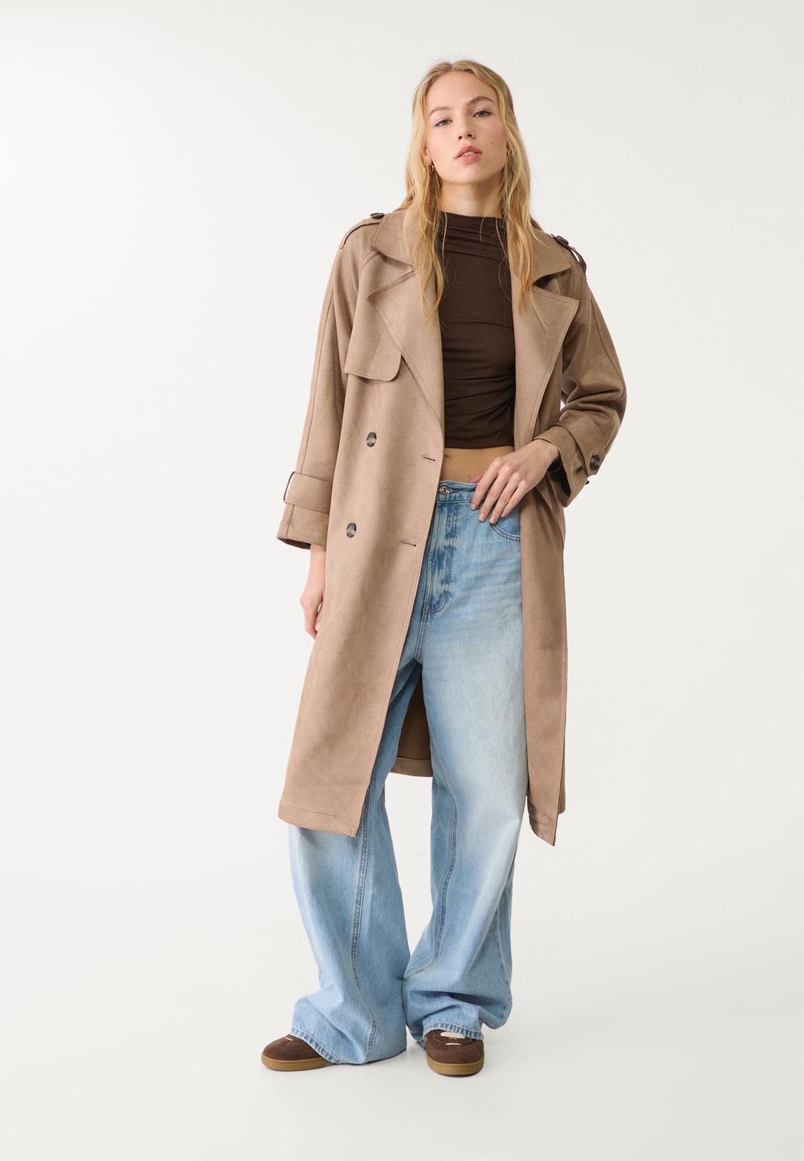 Trench Cappotto Beige Stradivarius Trench Lungo Effetto Camoscio