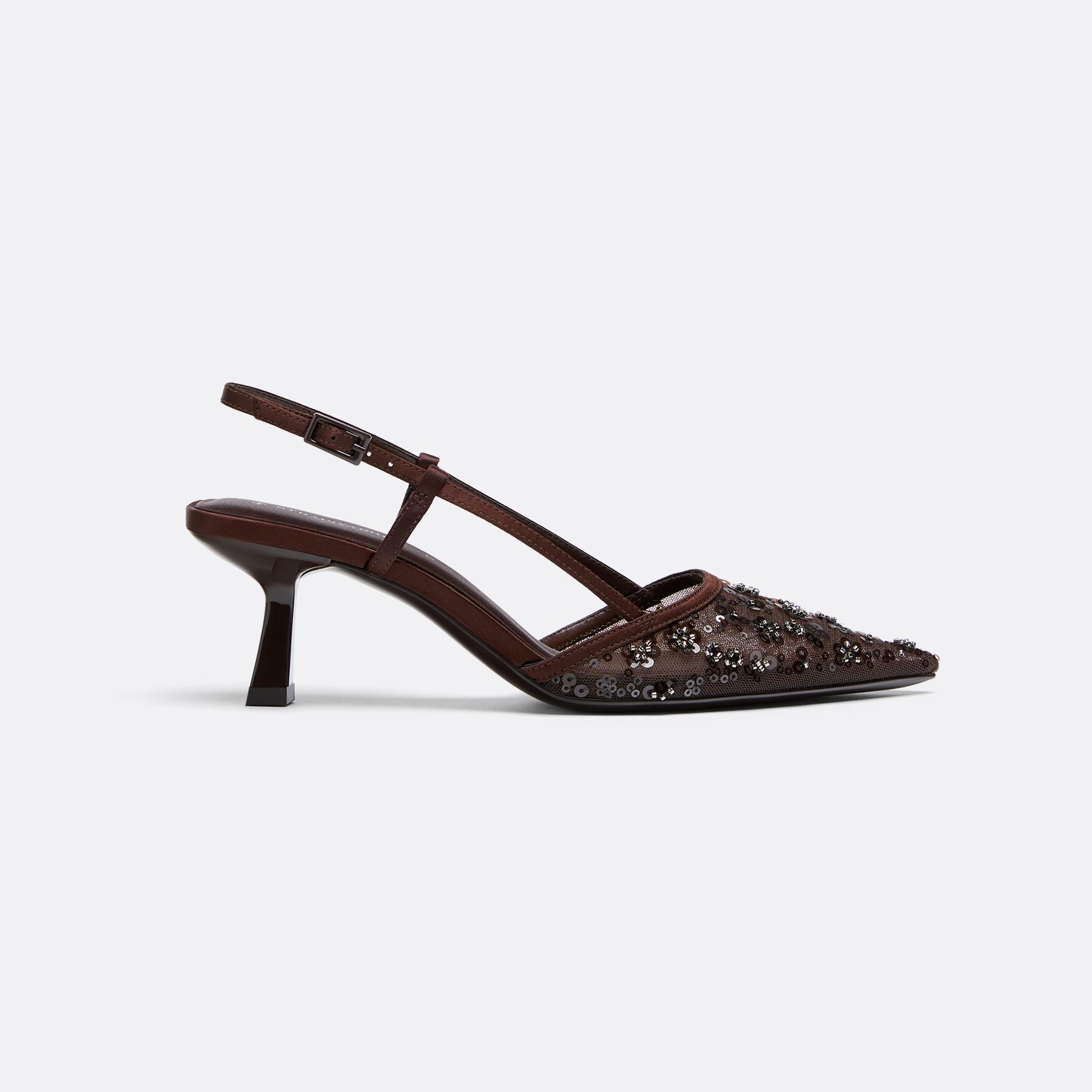 Mesh rhinestone kitten heel shoes — BROWN