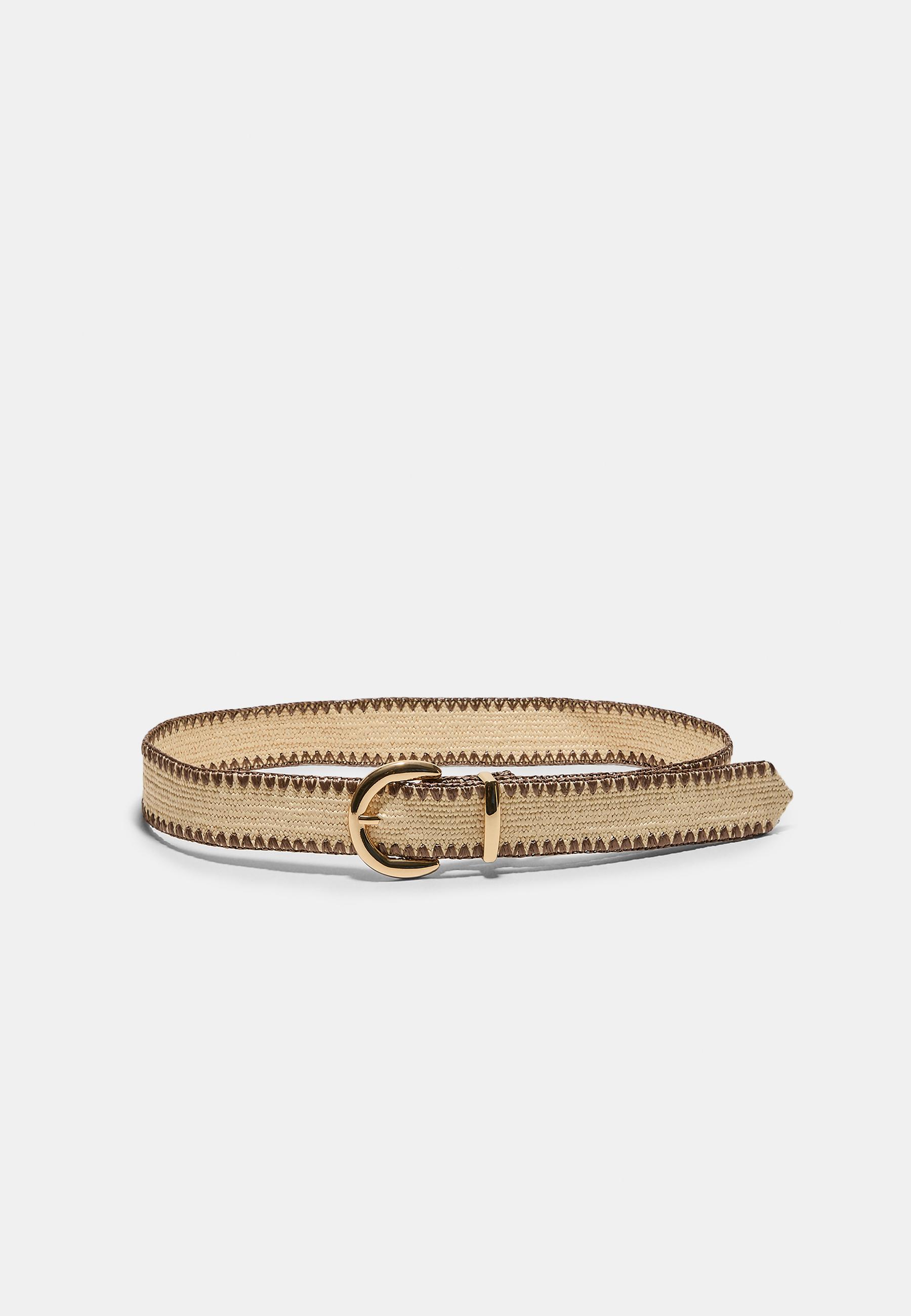 Raffia belt with topstitching — Brown