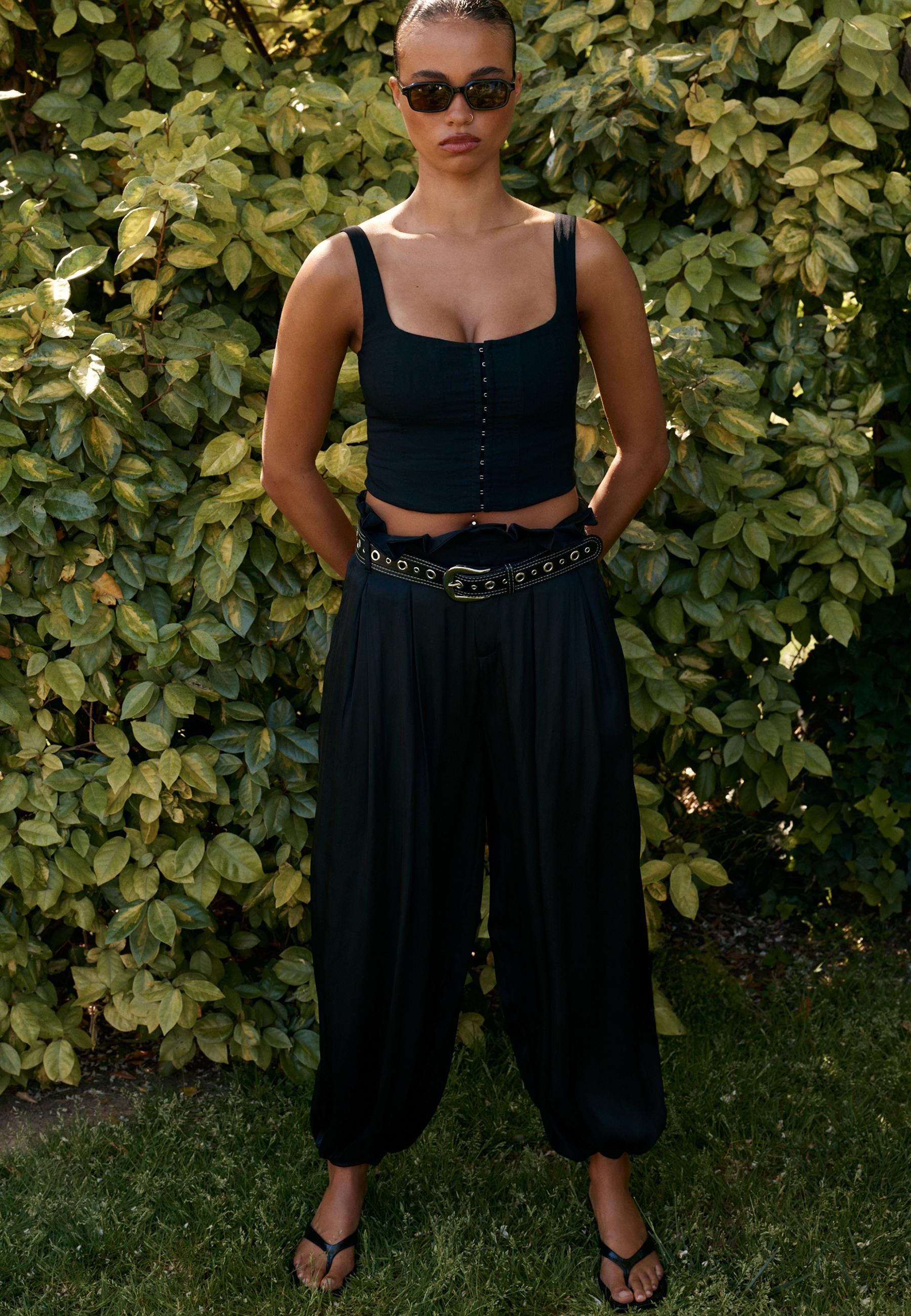 Satin sarouel trousers with belt — Black