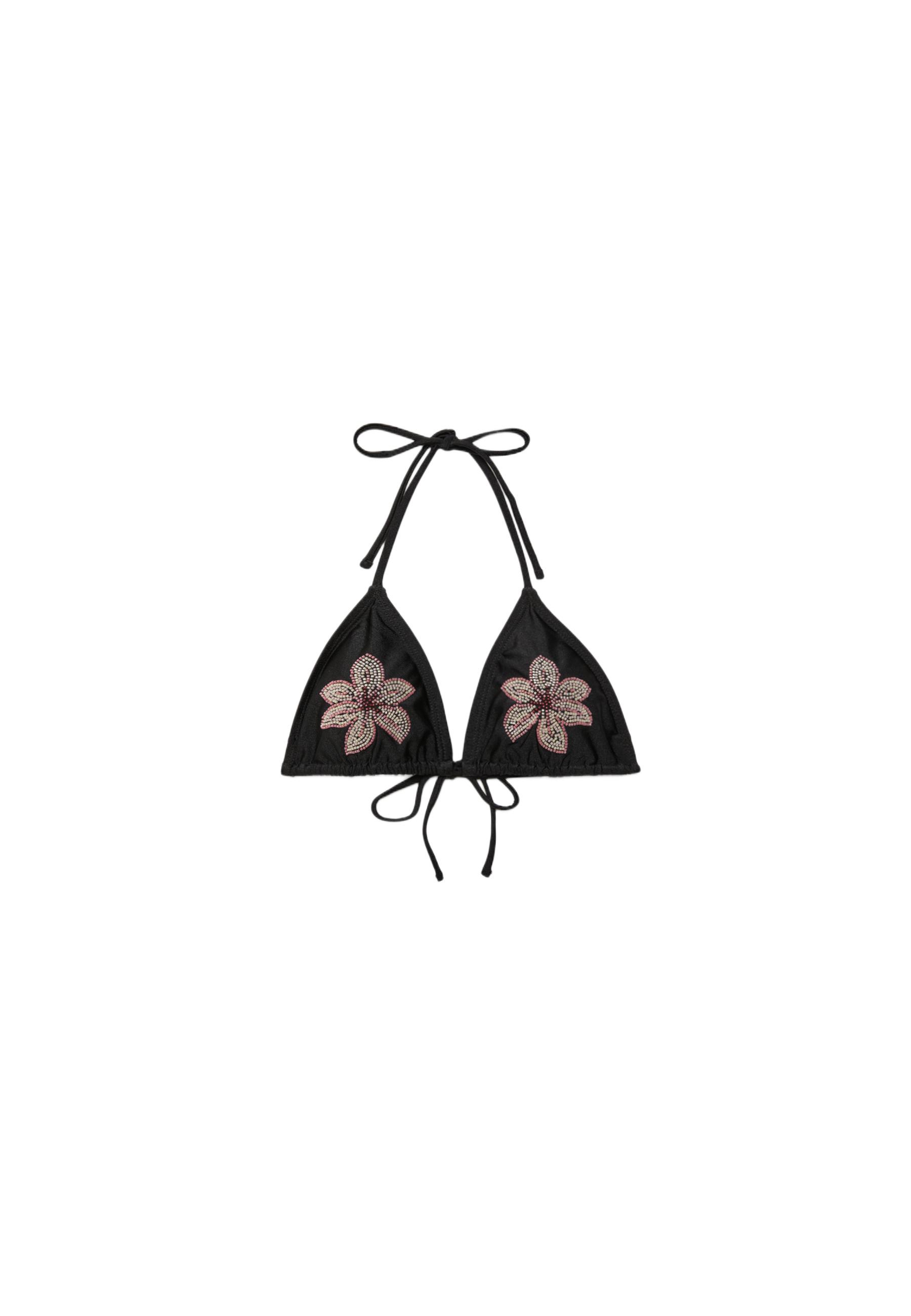 EMBROIDERED FLOWER TRIANGLE BIKINI TOP — Black
