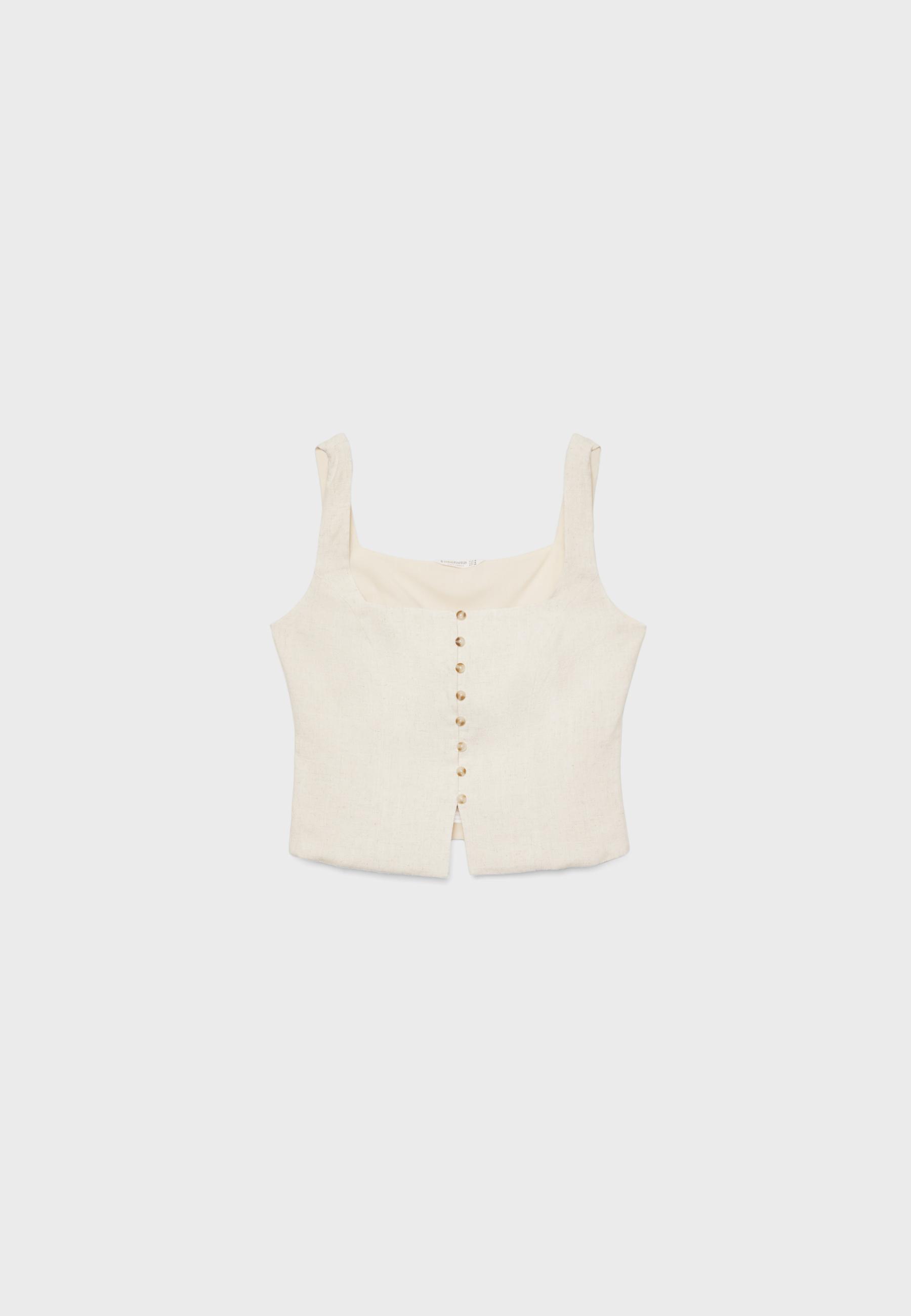 Strappy linen blend top with buttons - Women's fashion Strappy linen blend top with buttons - Women's fashion