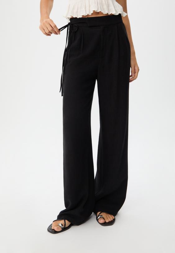 flowing linen effect trousers with bow