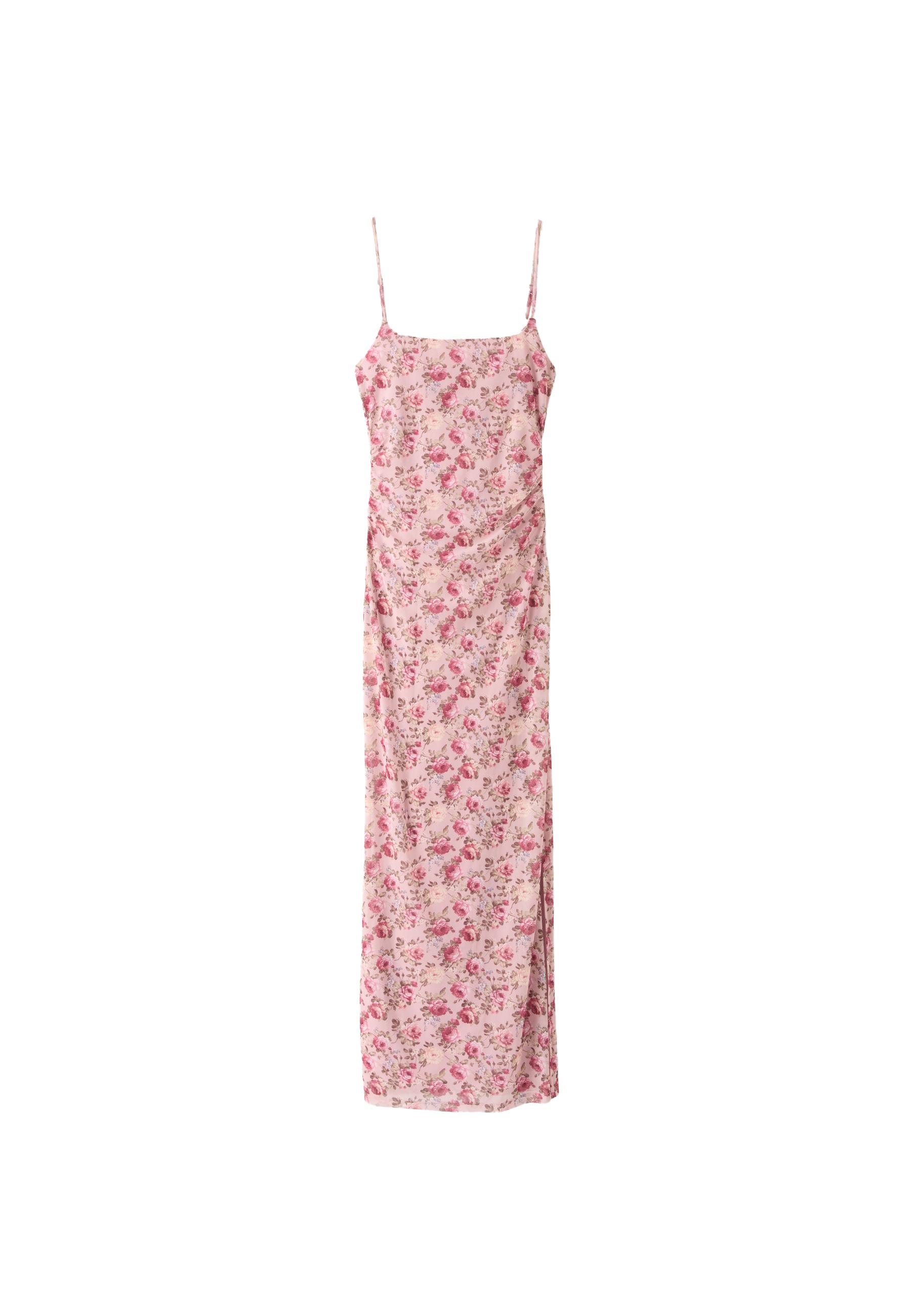 Printed ruched strap midi dress — Pastel pink