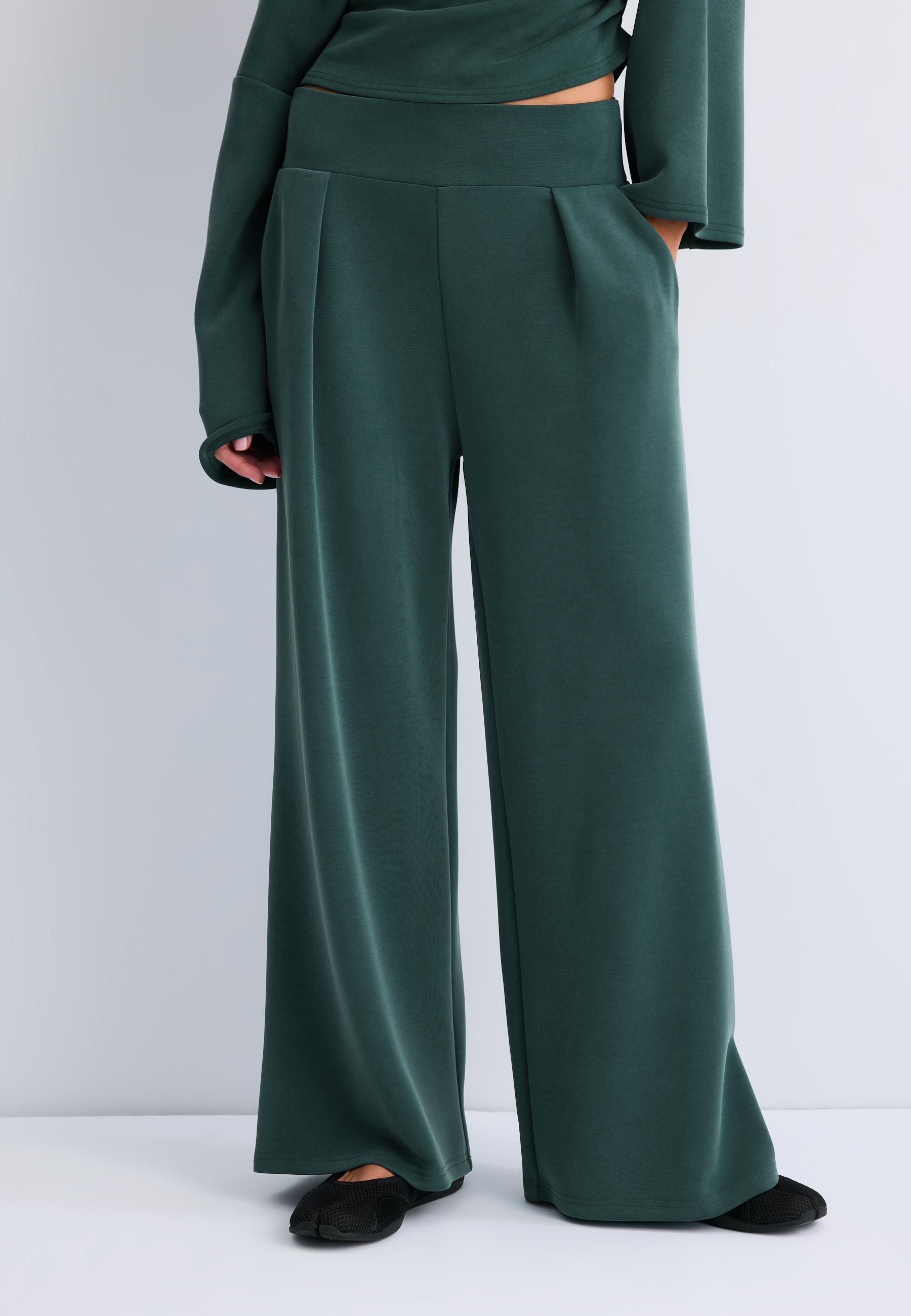 Soft-touch wide-leg trousers with darts — Khaki