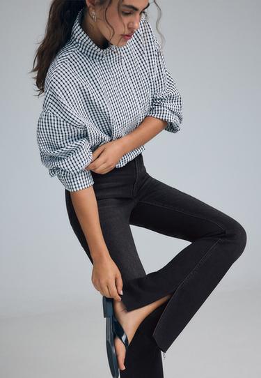 D74 bell bottom jeans with split — BLACK DENIM RINSE WASH 4