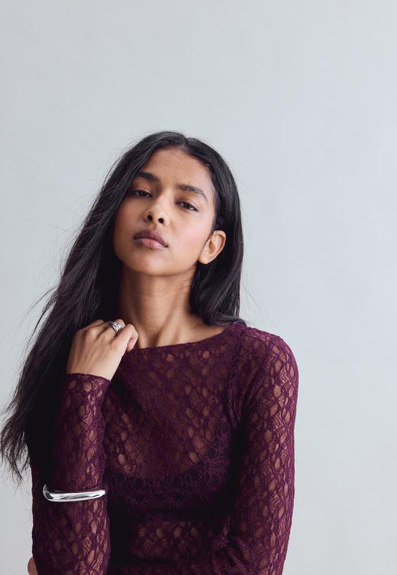 Stradivarius T-Shirt Van Kant Met Lange Mouw Purper M