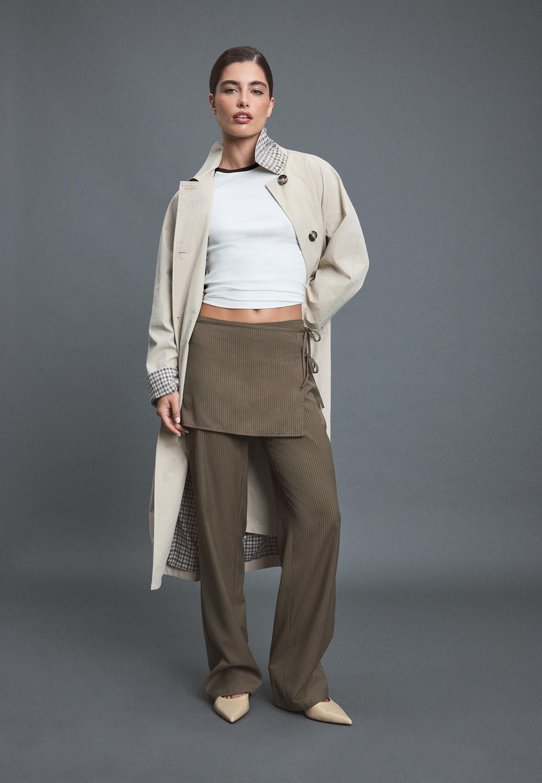 Striped straight-leg trousers with skirt overlay — Khaki