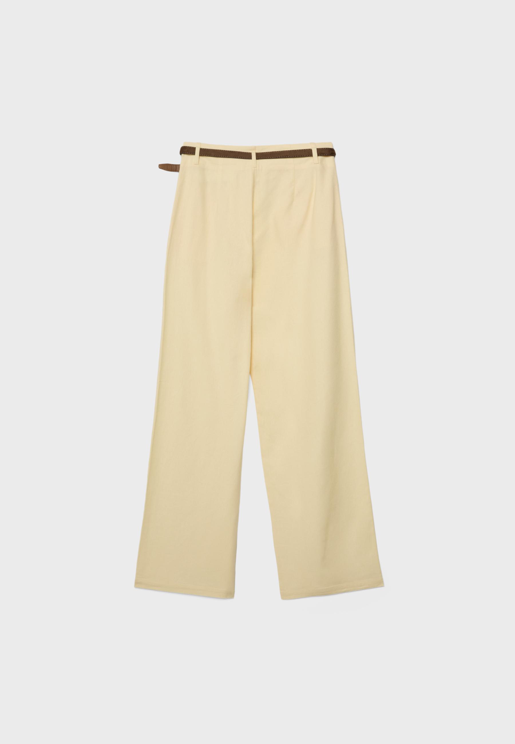 Straight-leg linen-effect trousers with belt — Pale yellow