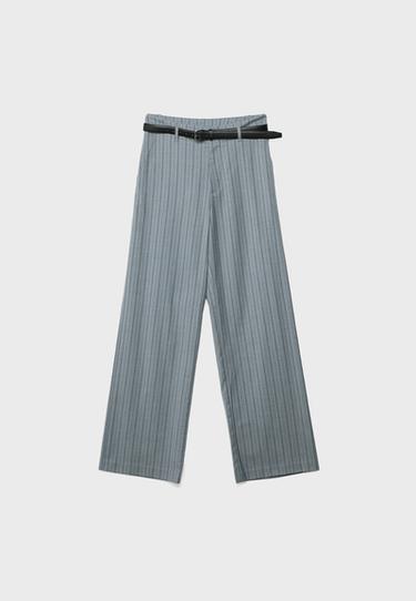 Düz kesim dökümlü kemerli pantolon - Görsel 14