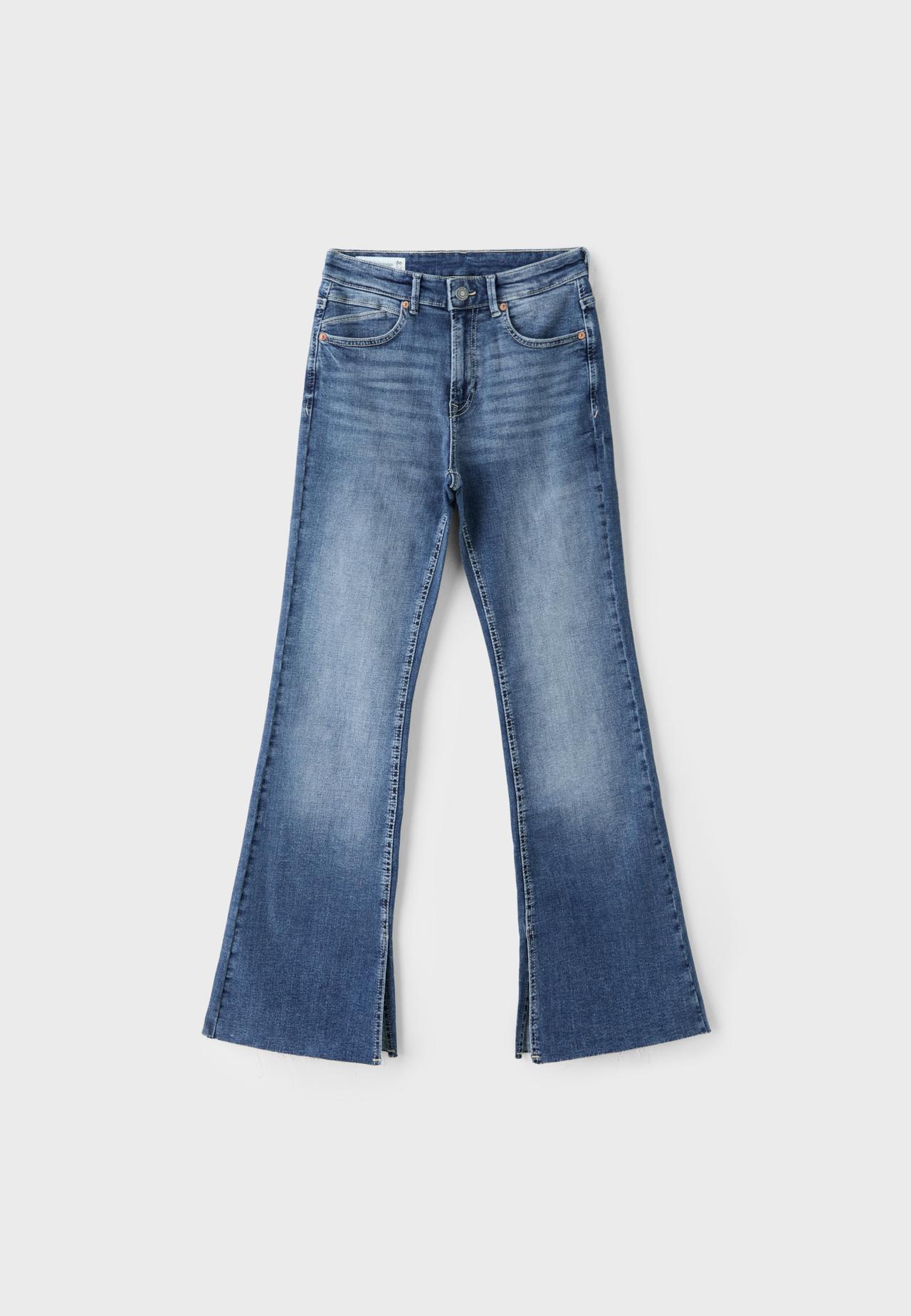 D74 bell bottom jeans with split — MEDIUM LIGHT BLUE DENIM