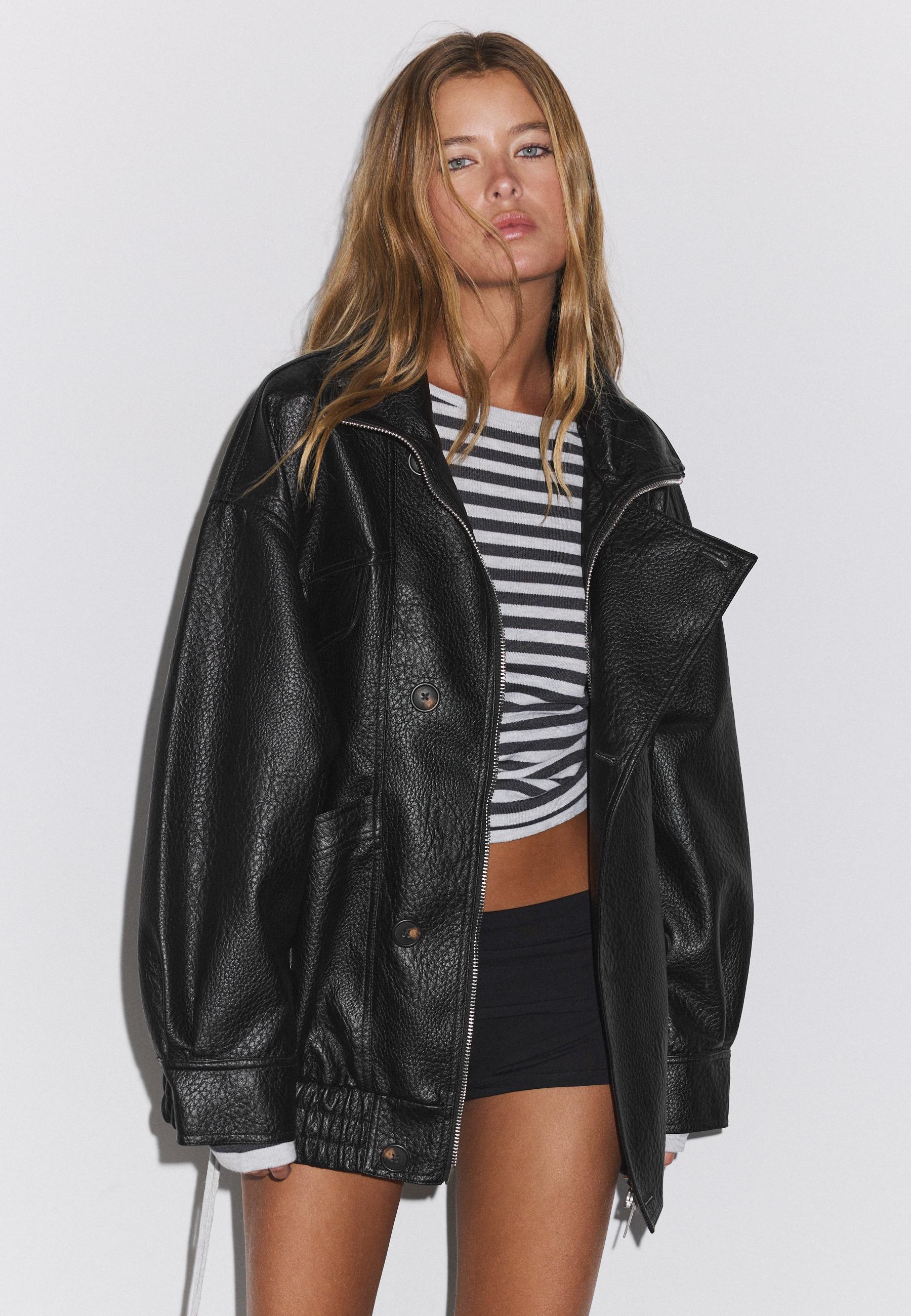 Oversized leather effect button-up jacket — Black