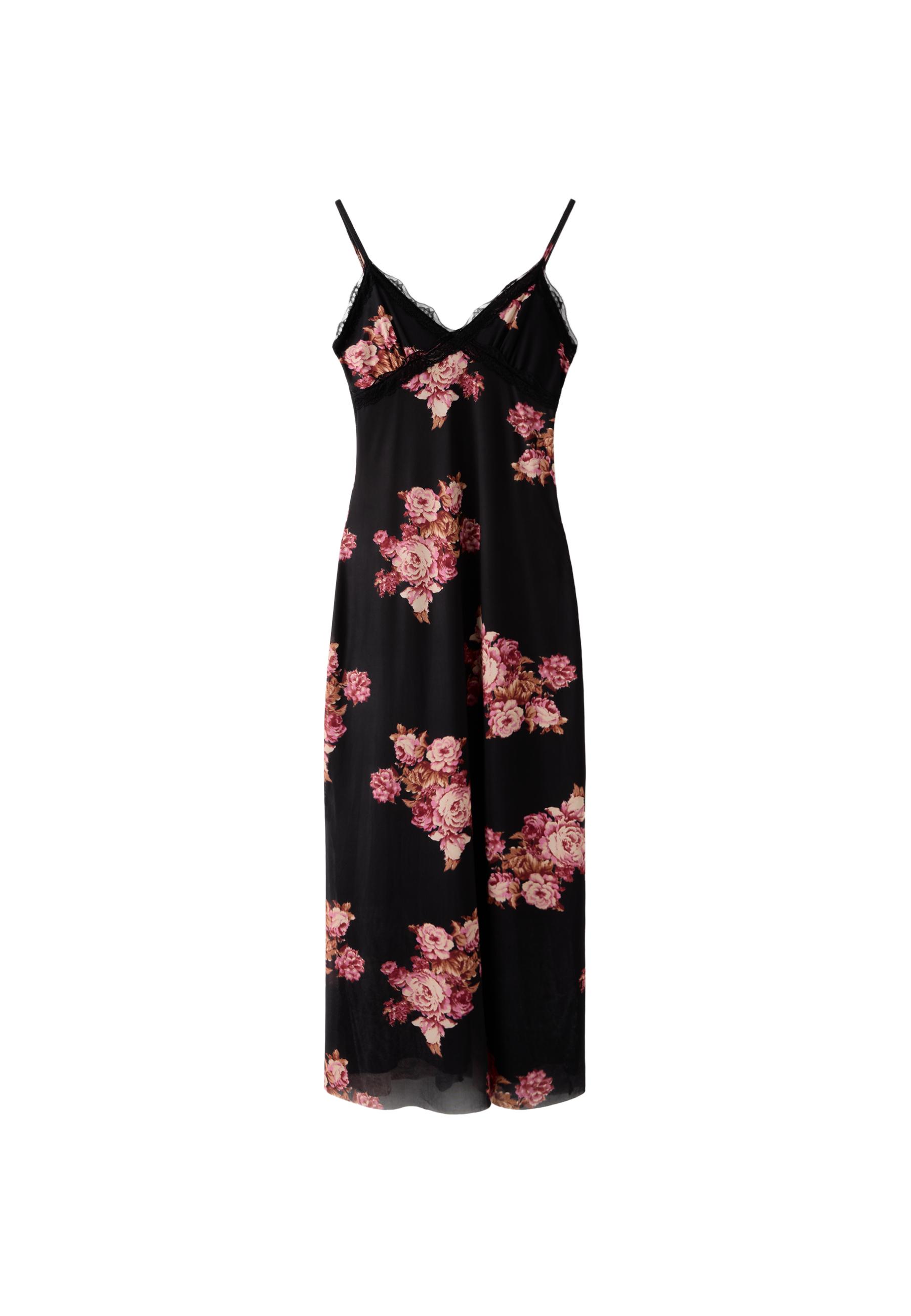 Printed tulle midi dress with lace trim — Black
