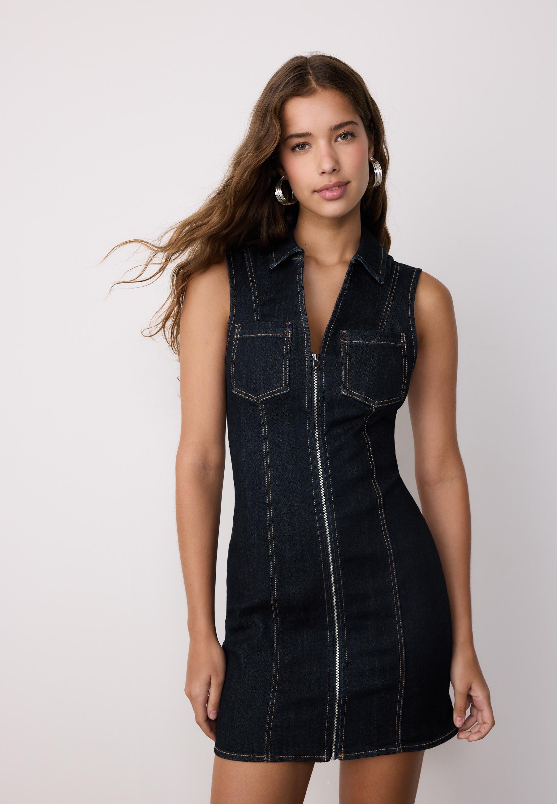 Short sleeveless denim dress with zip — OVERDYED BLUE DENIM