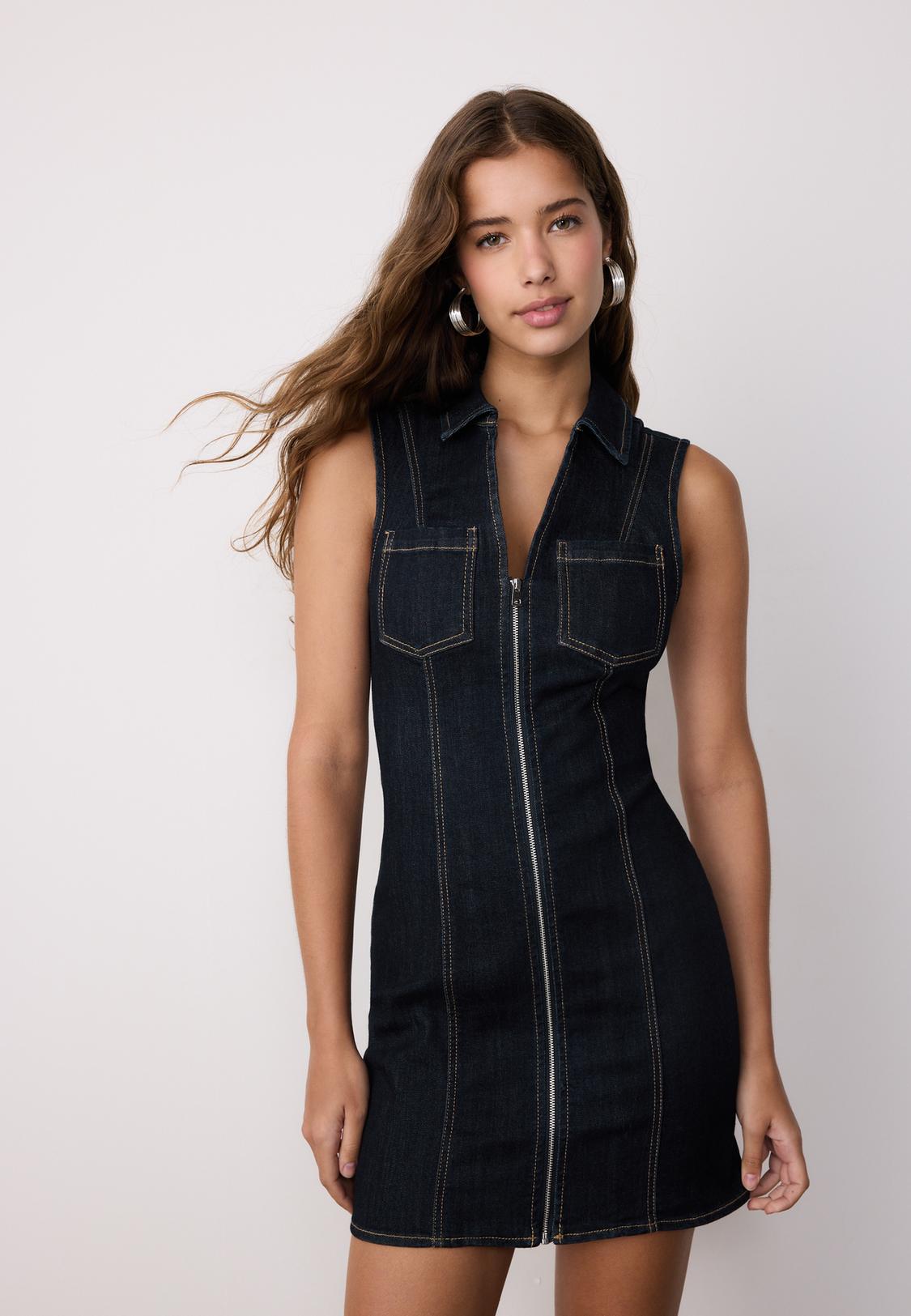 Short sleeveless denim dress with zip - Women's fashion | Stradivarius United States Short sleeveless denim dress with zip - Women's fashion | Stradivarius United States