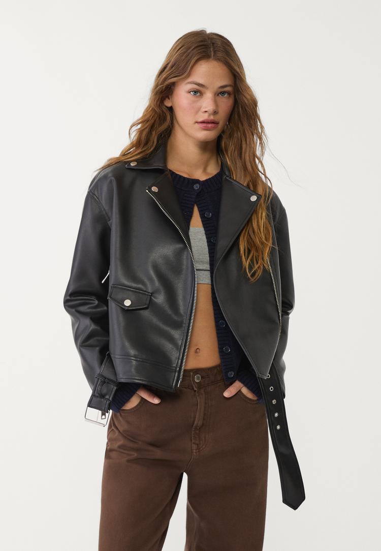 oversize suni deri biker ceket
