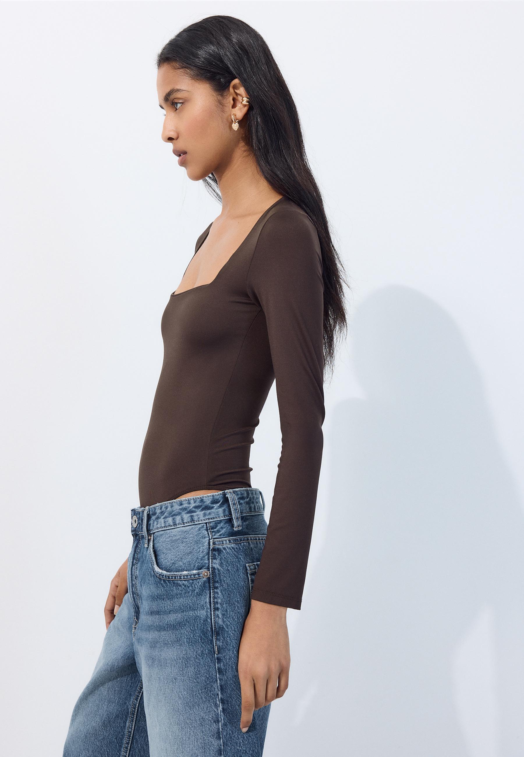 Long sleeve square neck bodysuit — Brown
