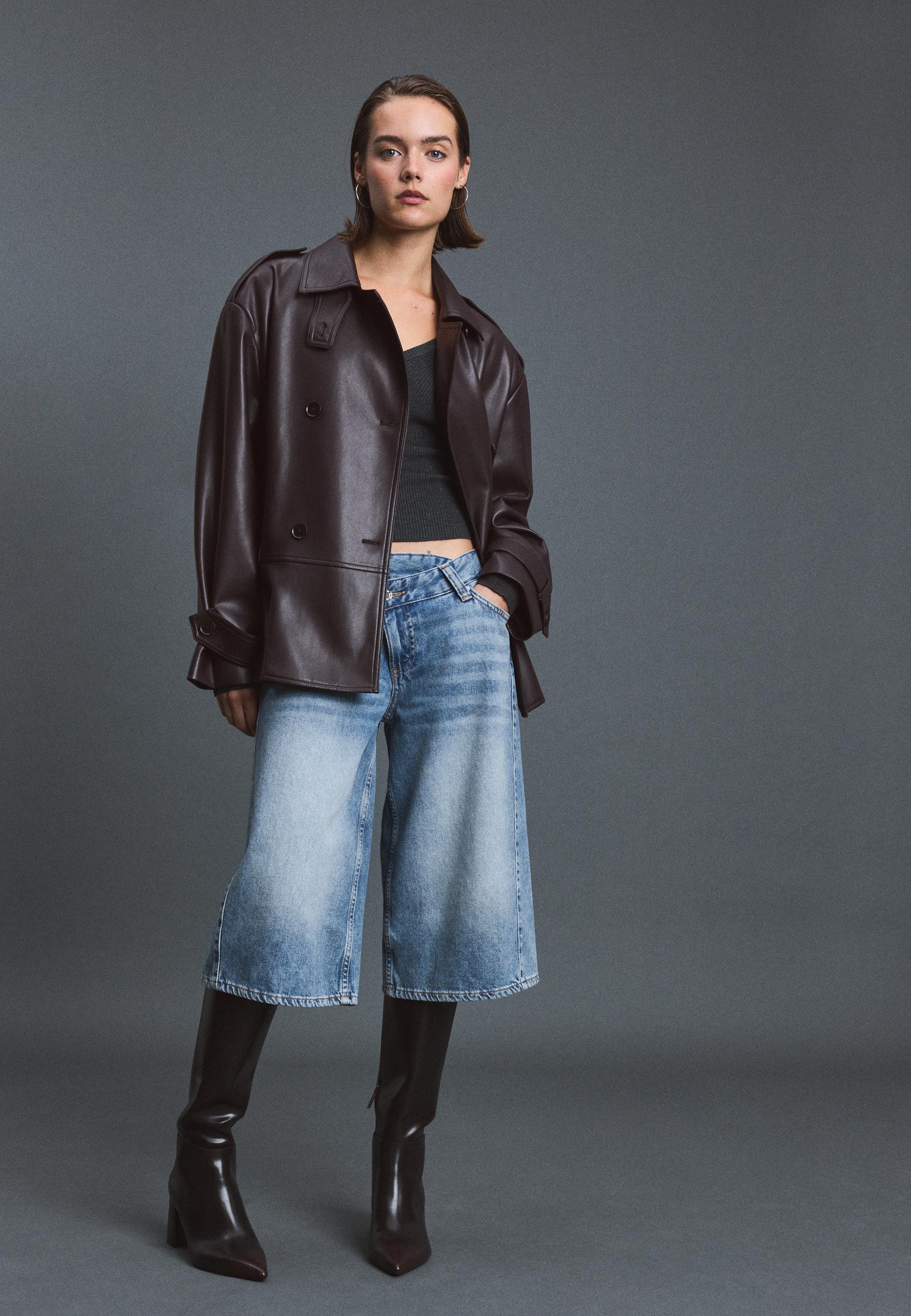 Stradivarius Trench Peplum Με Όψη Δέρματος Μωβ S