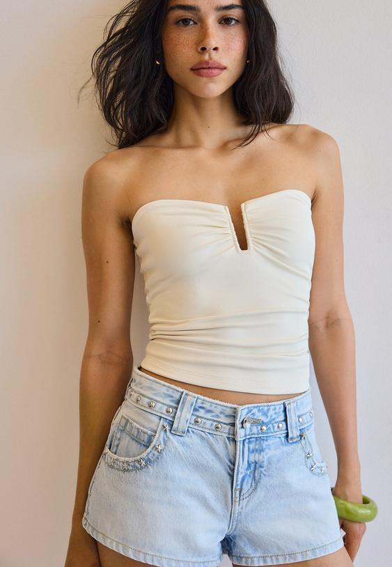 Stradivarius Draped Cropped Top Ecru Xs