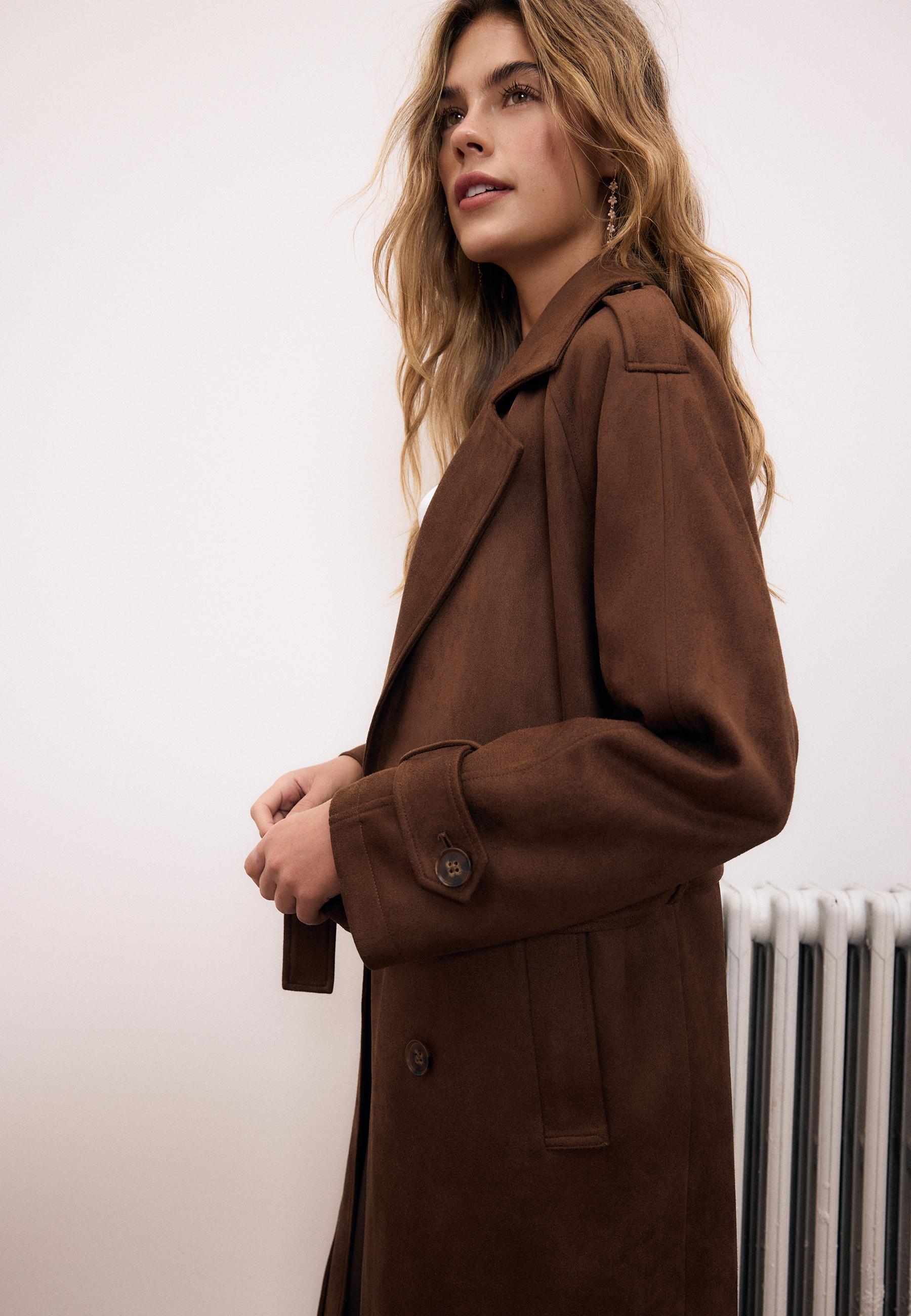 Uzun suni süet trençkot - Görsel 4