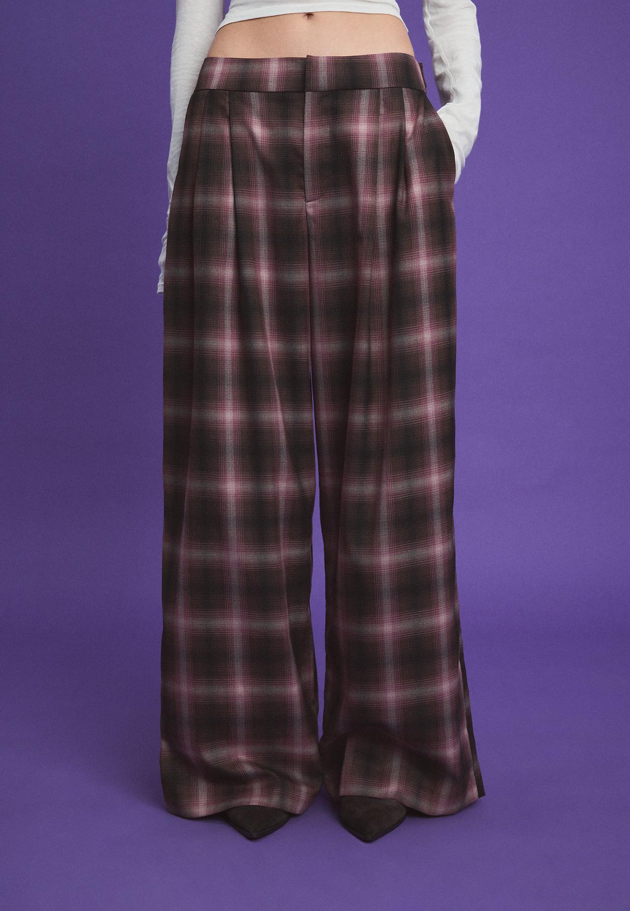 Wide-leg check trousers with adjustable buttons — Purple