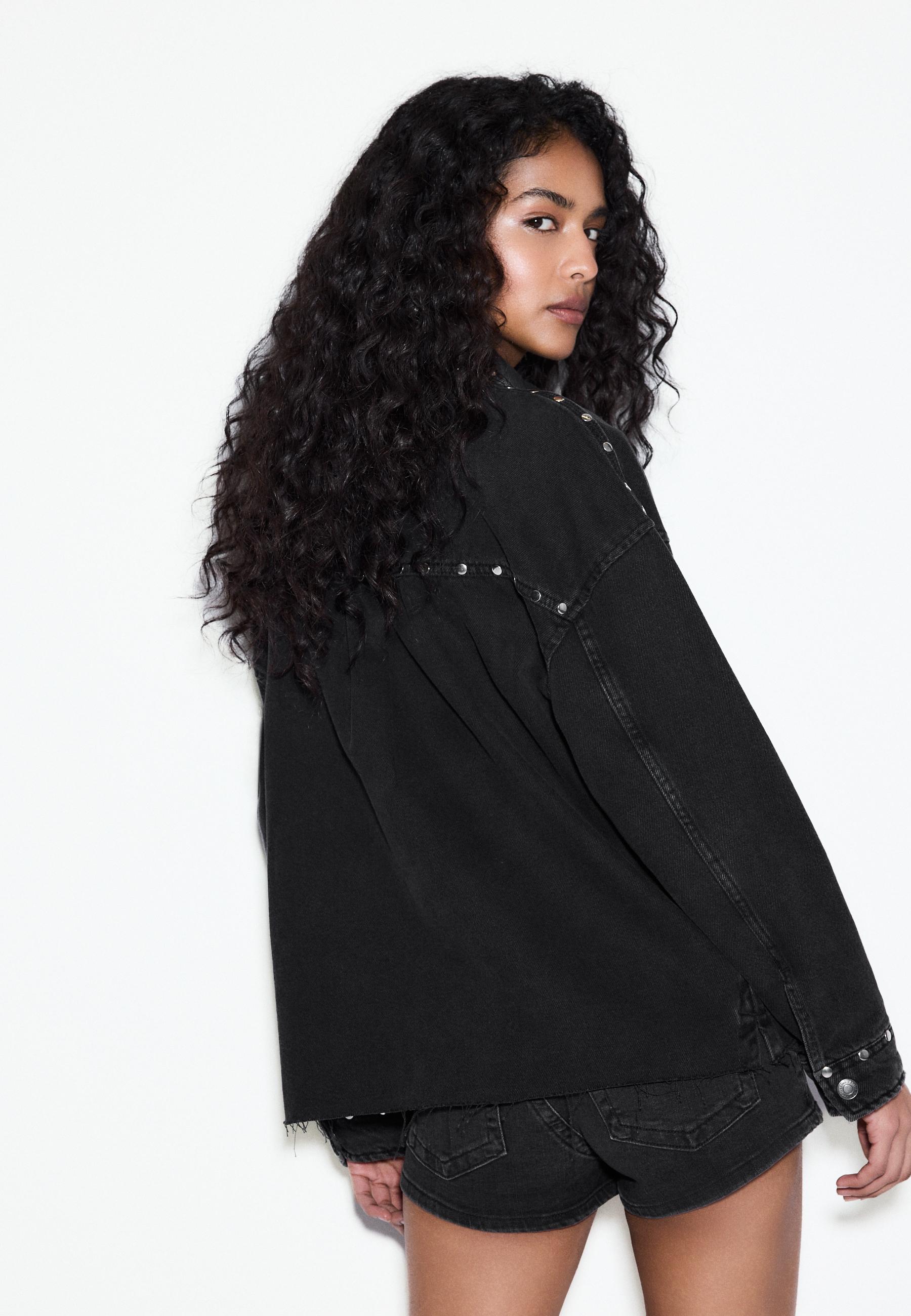 Cropped studded denim overshirt — BLACK DENIM WASH