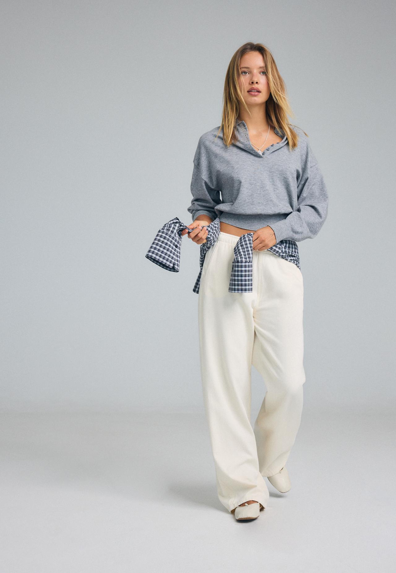 Drawstring flowing denim trousers — Vanilla