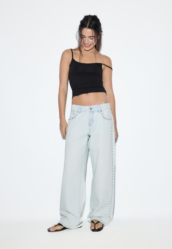 Geniş paça düşük bel zımbalı jean