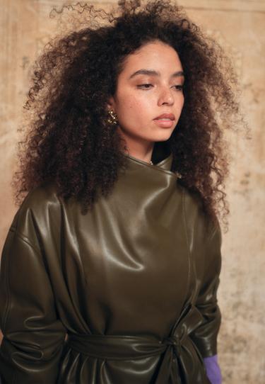 Long leather effect waterfall collar trench coat — Khaki 4