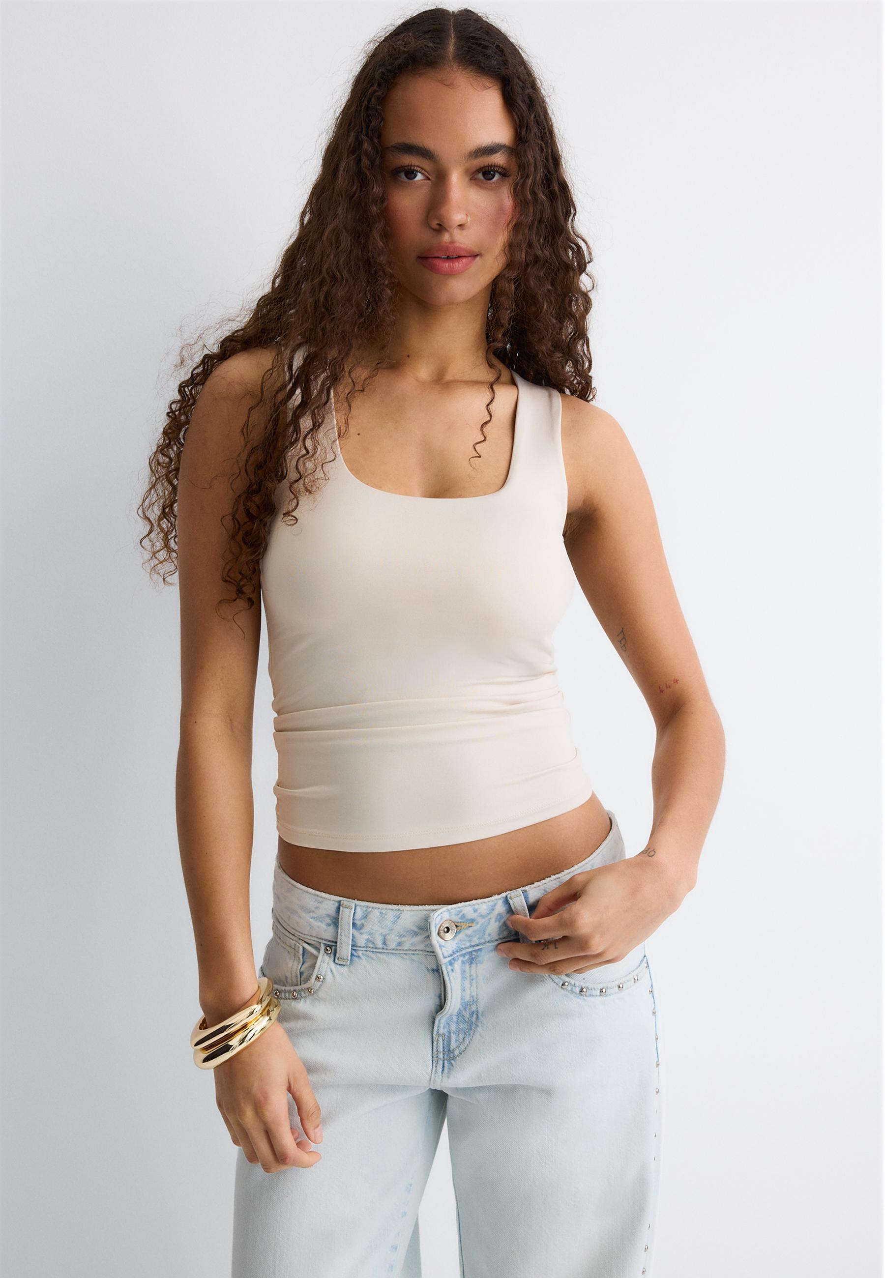 Polyamide wide-strap T-shirt — Stone