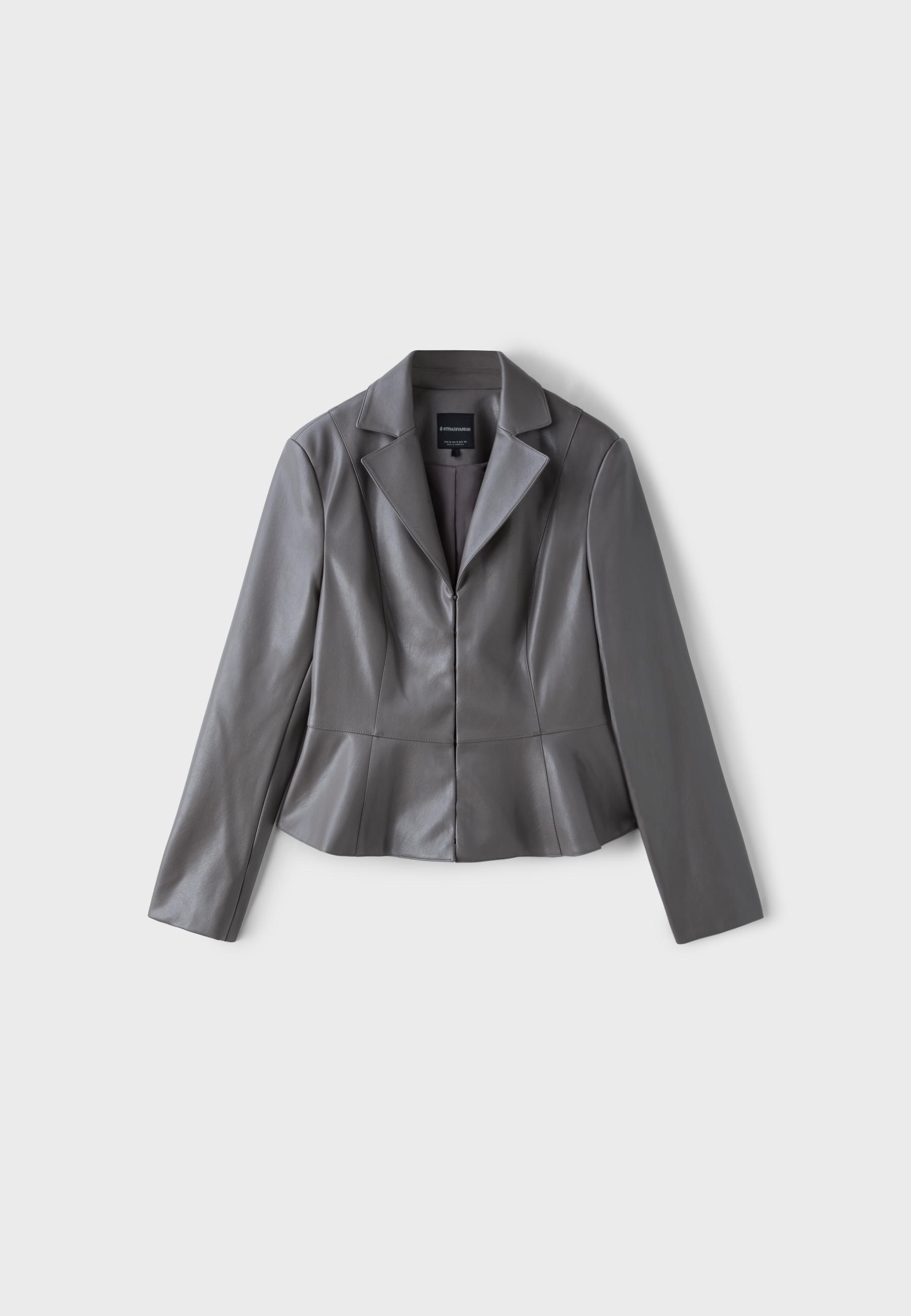 Fitted leather effect peplum blazer — Dark grey
