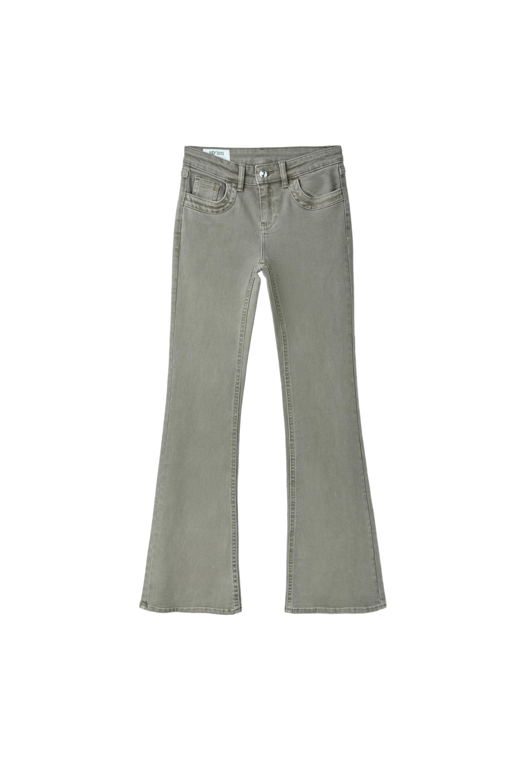 Embroidered pocket bell bottom jeans — Khaki