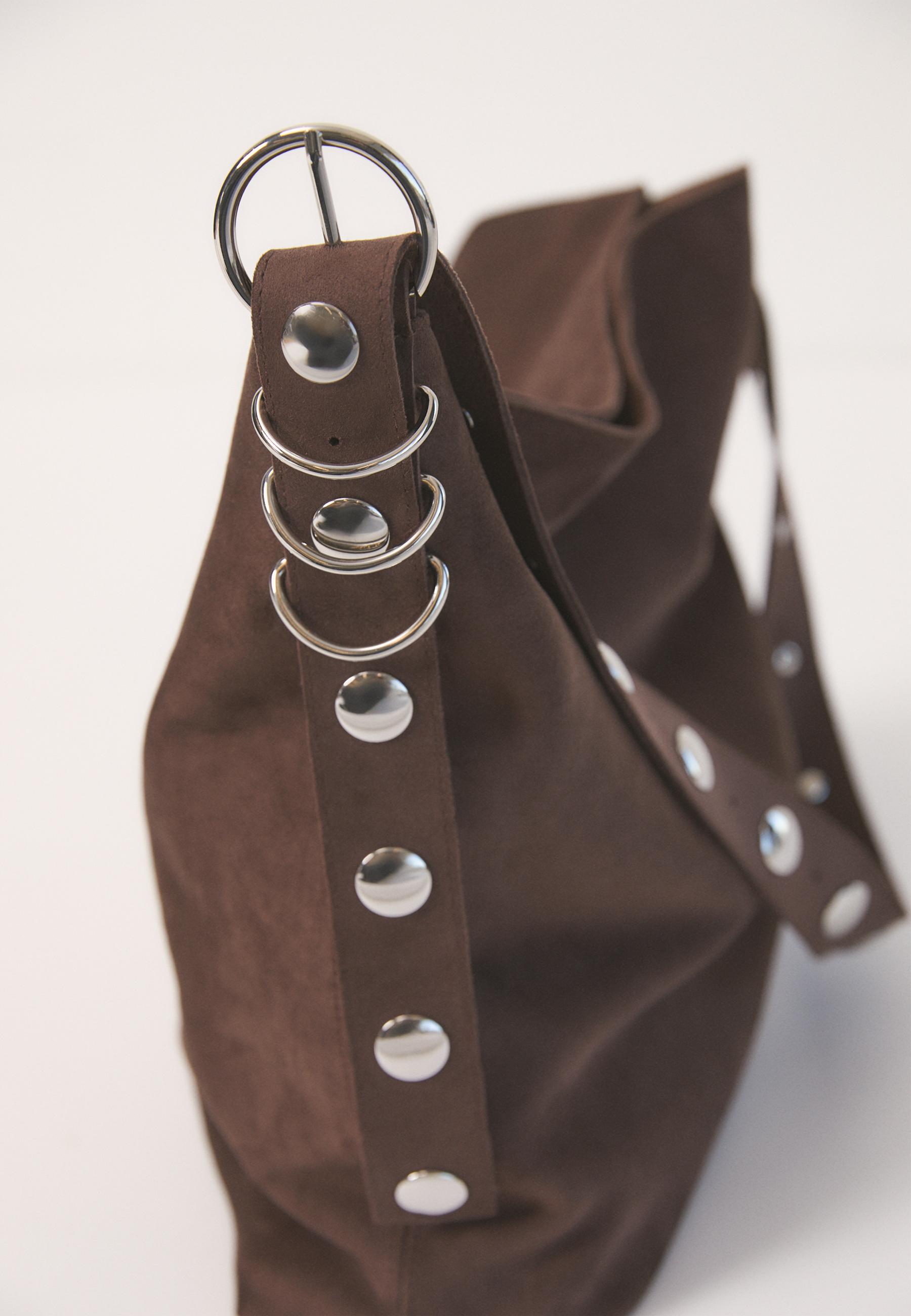 Faux suede bucket bag with strap detail — Brown