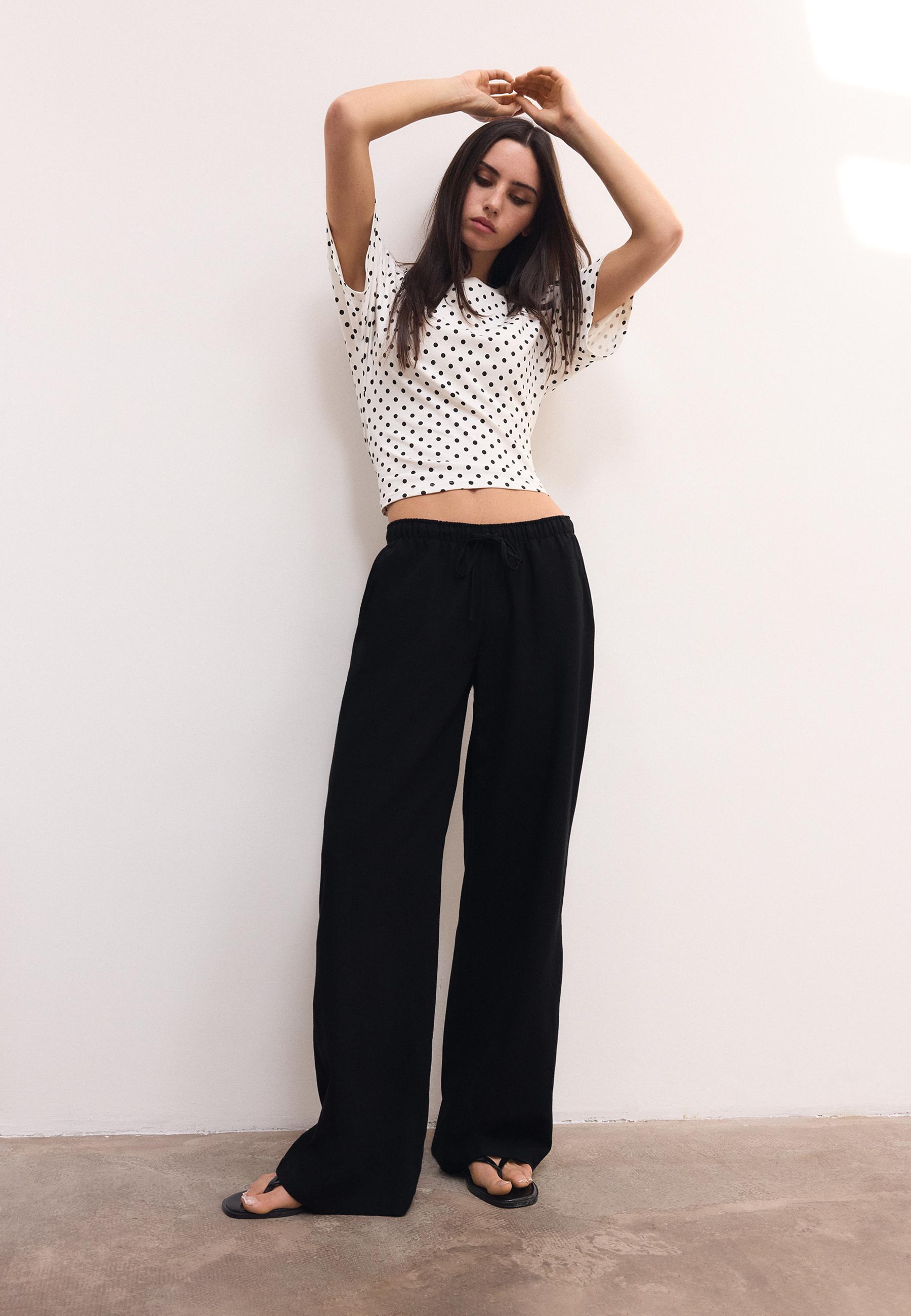 Linen-effect drawstring trousers — Black