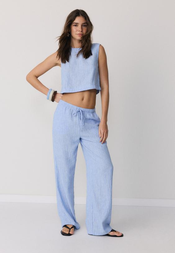 Stradivarius Top Col Rond Rayé Rustique Bleu Xs