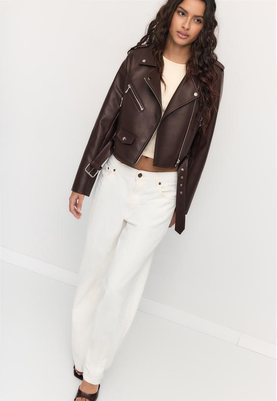 faux leather biker jacket with belt