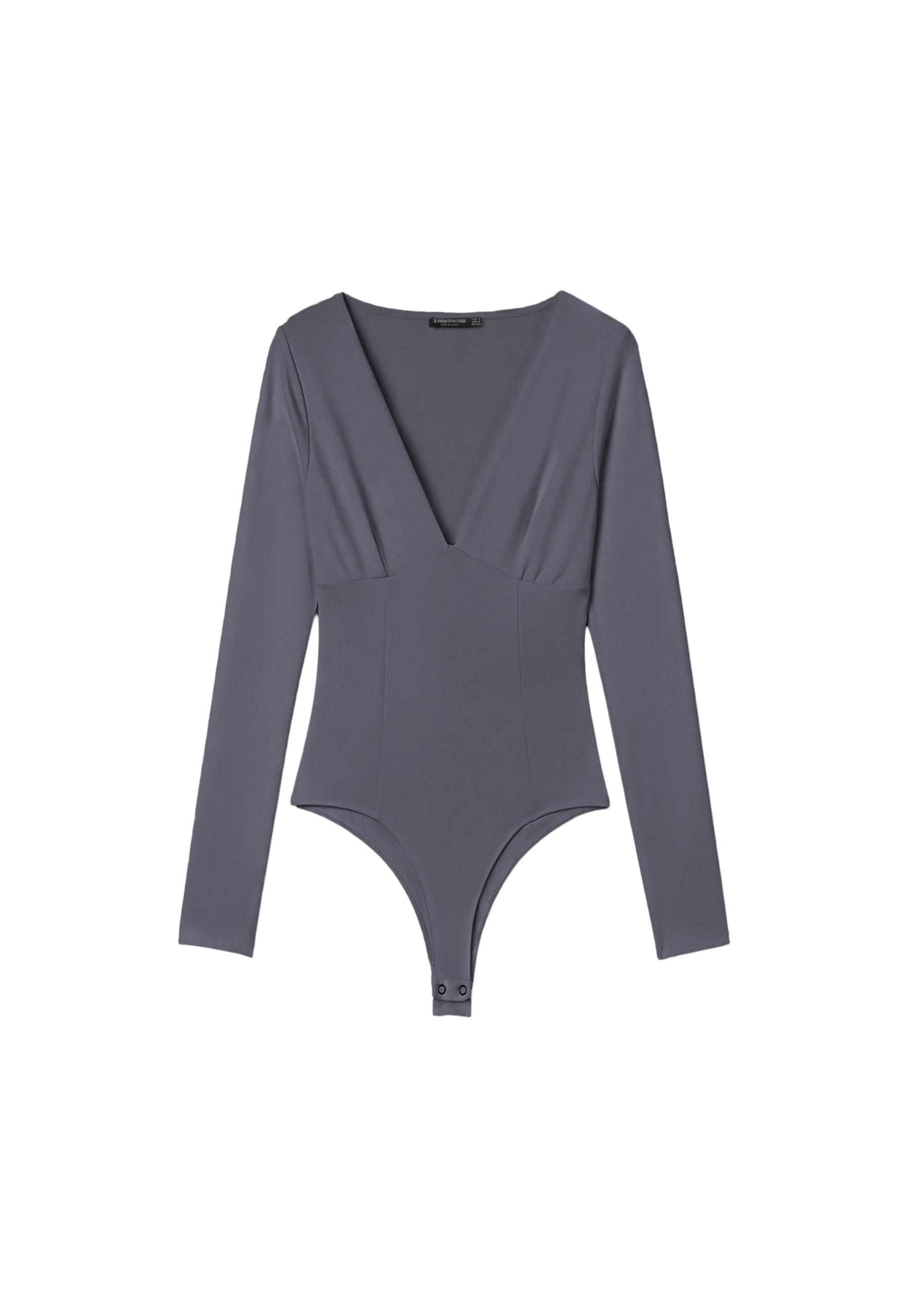 V-neck bodysuit with under-bust gathering — Dark grey